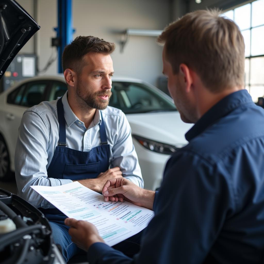 Auto service advisor discussing car repair options with a customer