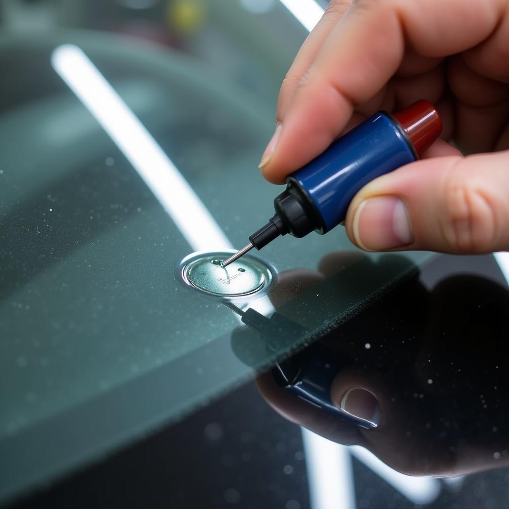 Windshield chip repair in progress