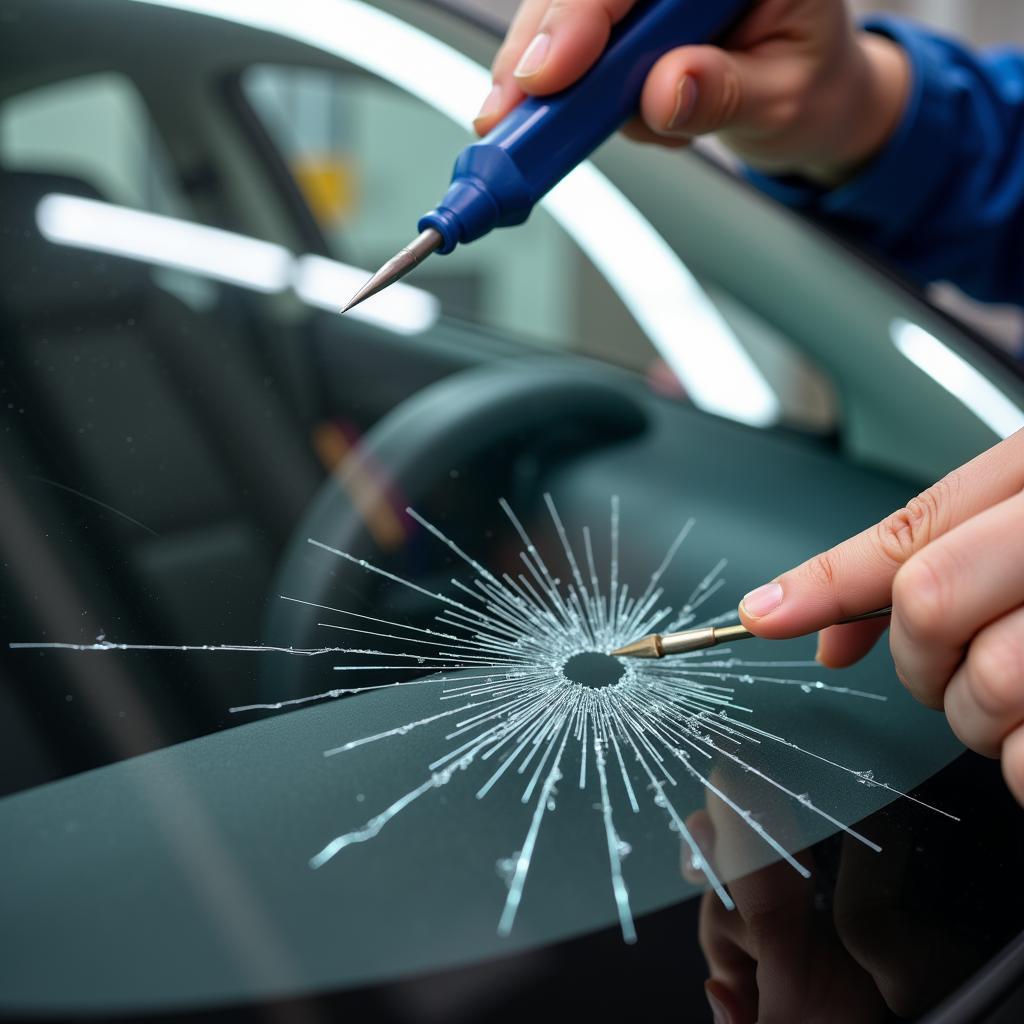 Windshield crack repair in progress