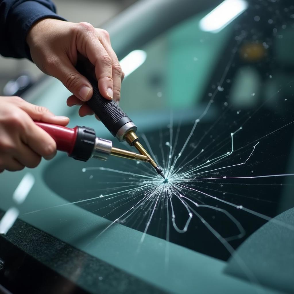 Windshield crack repair in progress at a Boston auto shop