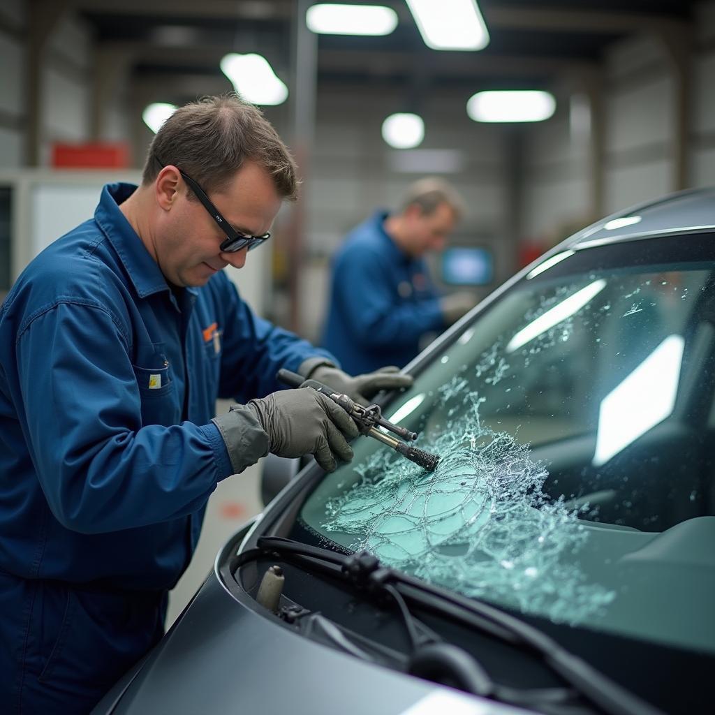 Windshield repair in progress at a Baton Rouge auto shop