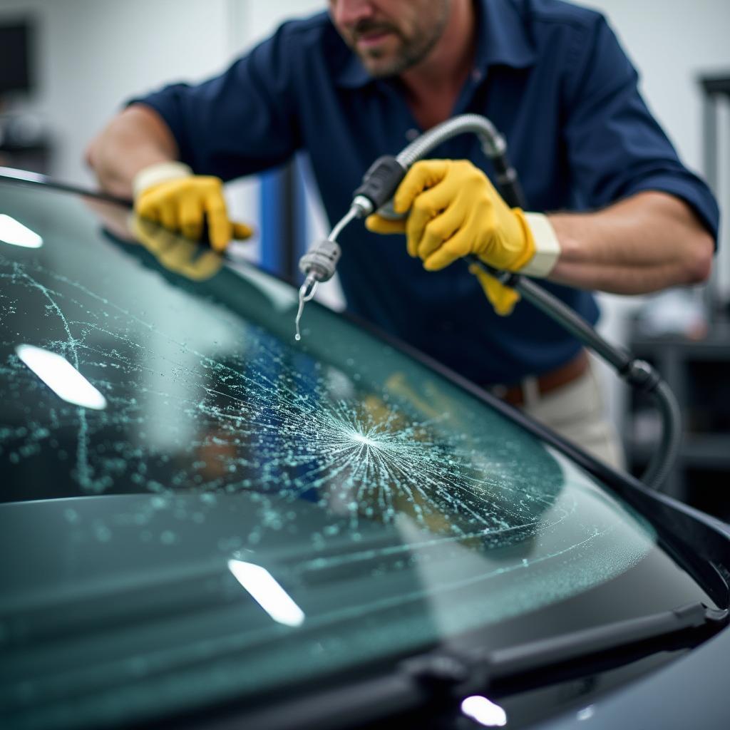 Close-up of a technician repairing a windshield crack in Gainesville