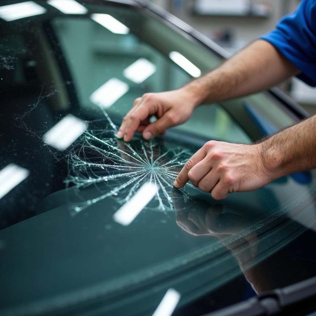 Technician Repairing a Damaged Windshield