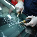 Auto glass replacement professional working on a car windshield in Mesa, Arizona.