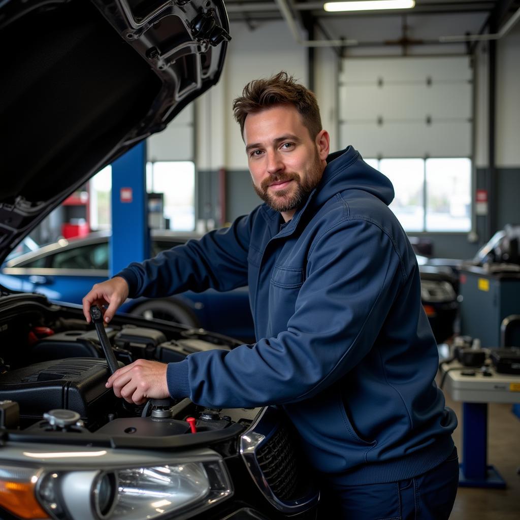 Certified auto service technician working on a car in Windsor