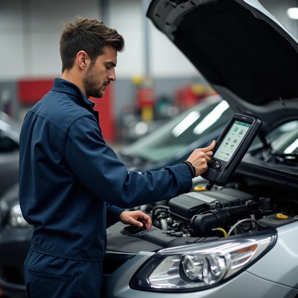 Mechanic using diagnostic tool on a vehicle in Winkler