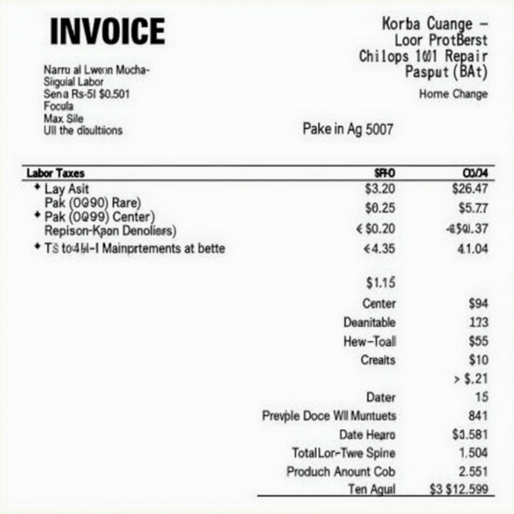 Example of a detailed car repair invoice in Winnipeg