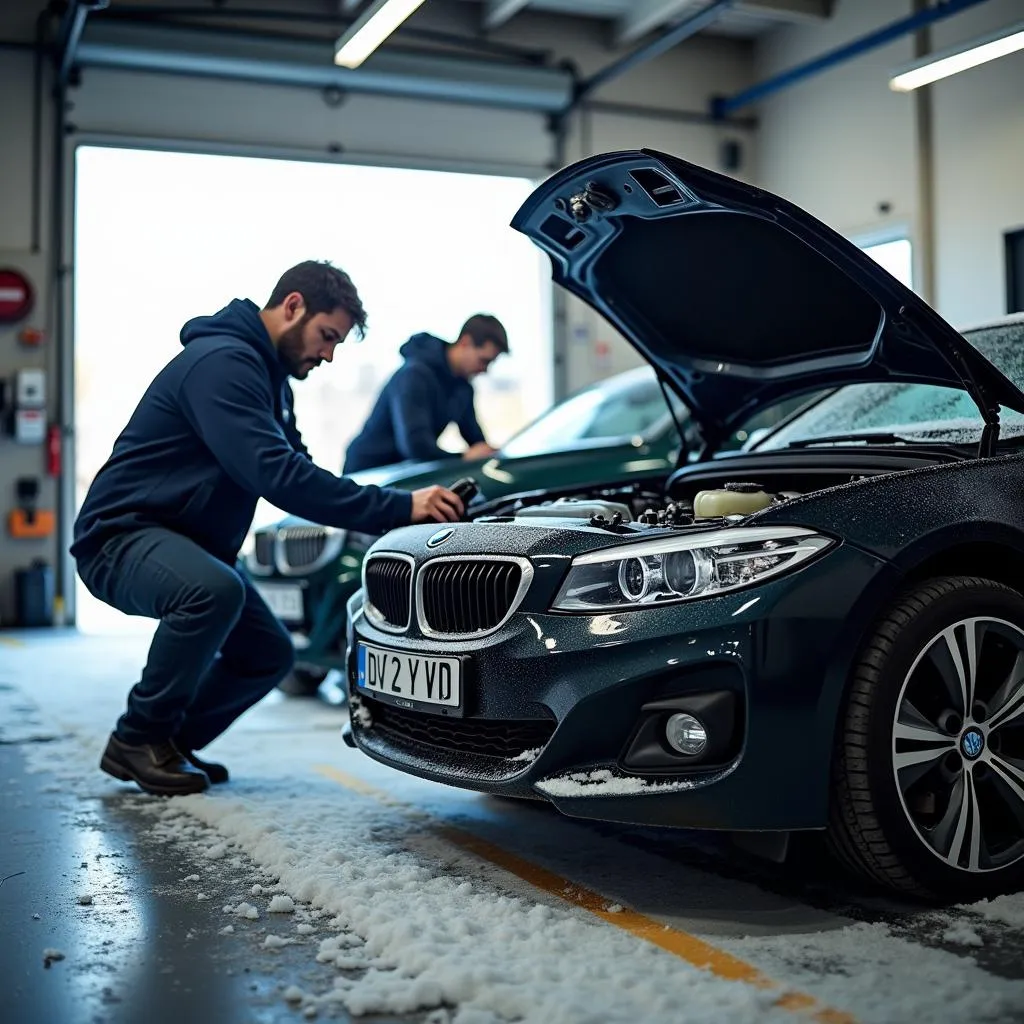 Car undergoing winter maintenance