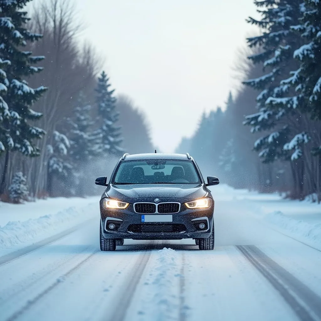 Car driving on snowy road with winter tires