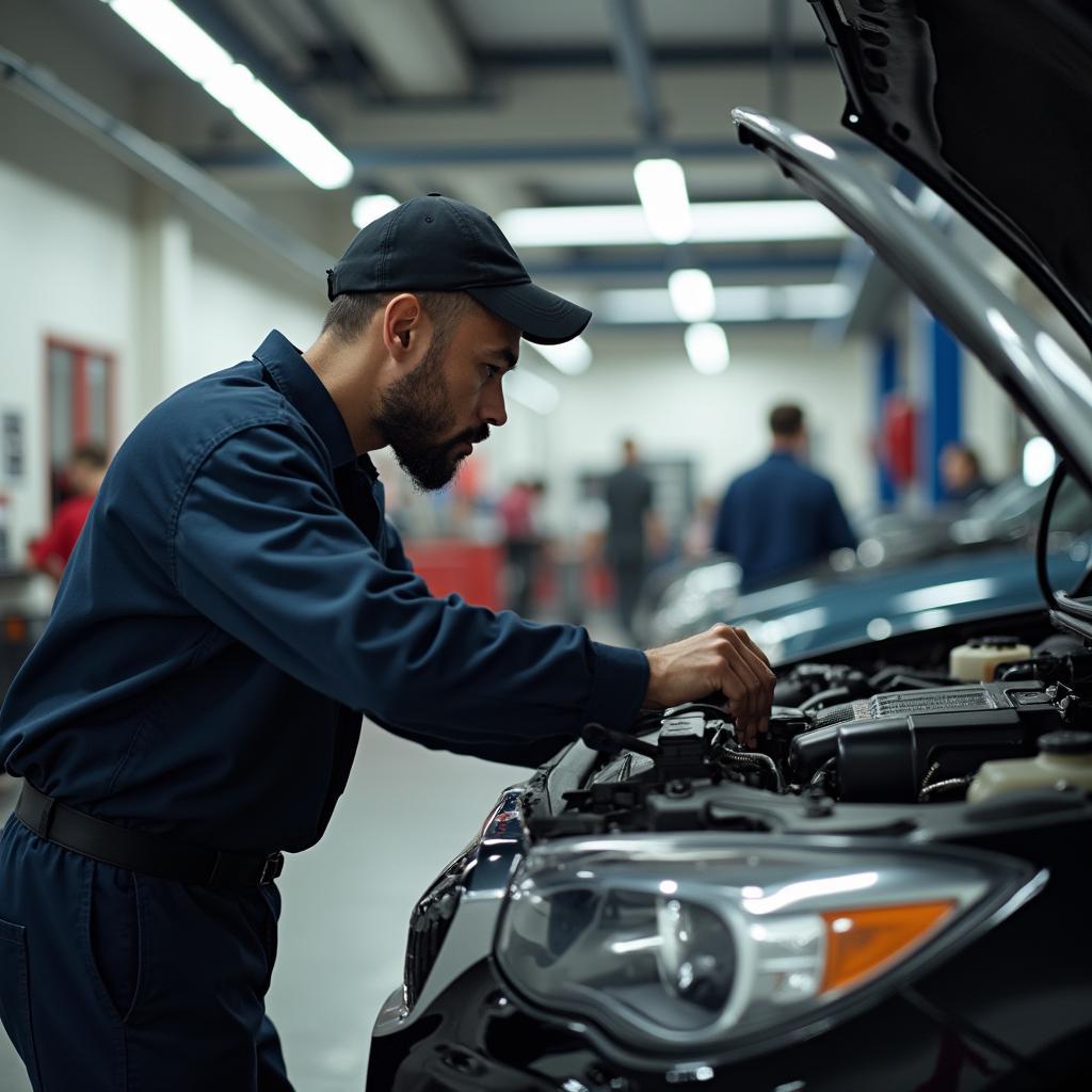 Mechanic inspecting a car in a Woburn auto repair shop