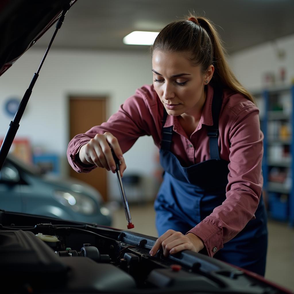 Woman checking her car engine oil level