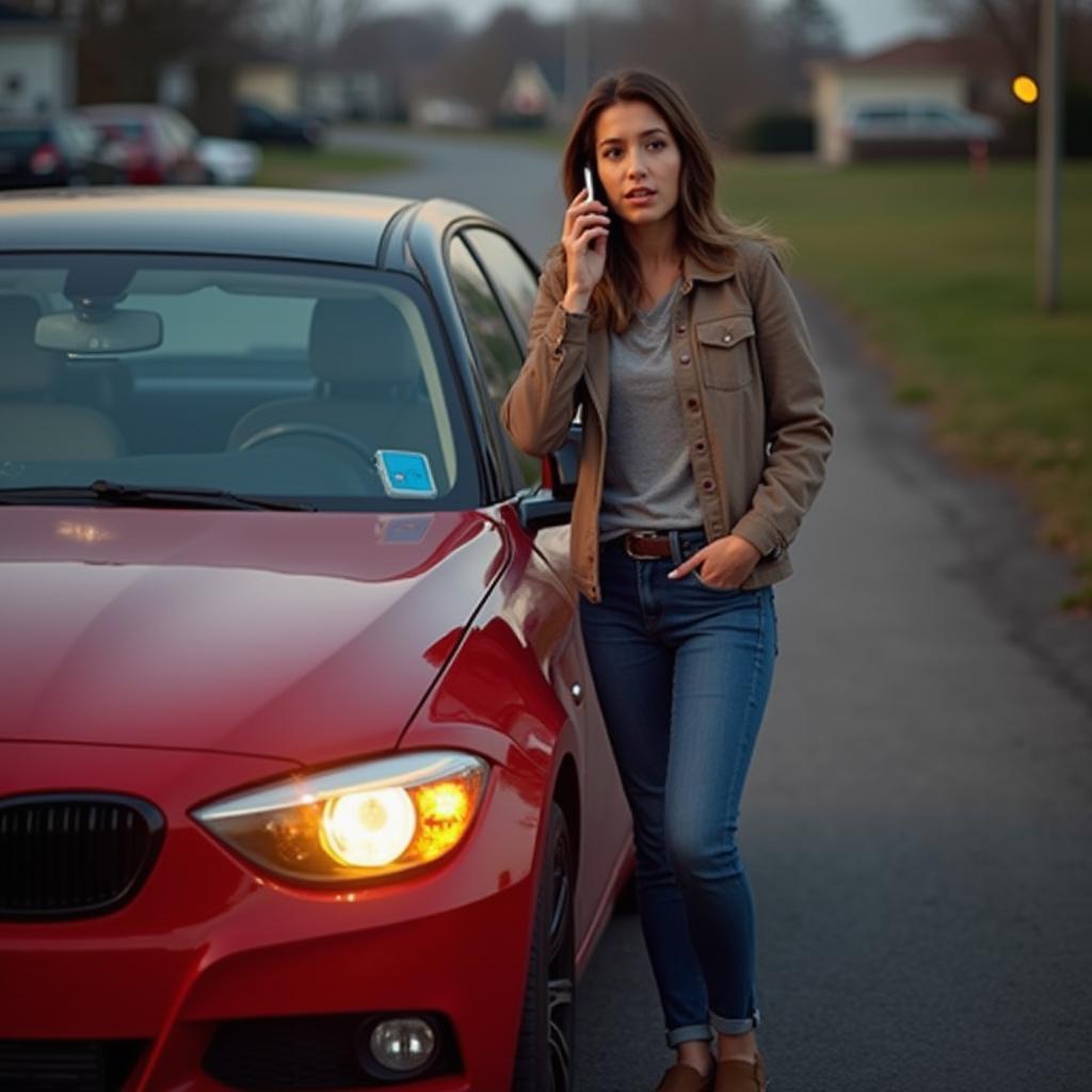 Woman talking on the phone about car trouble, parked on the side of the road