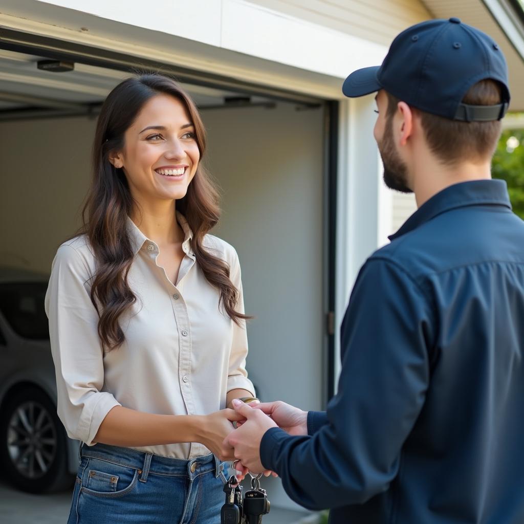 Woman receiving car delivery at her home