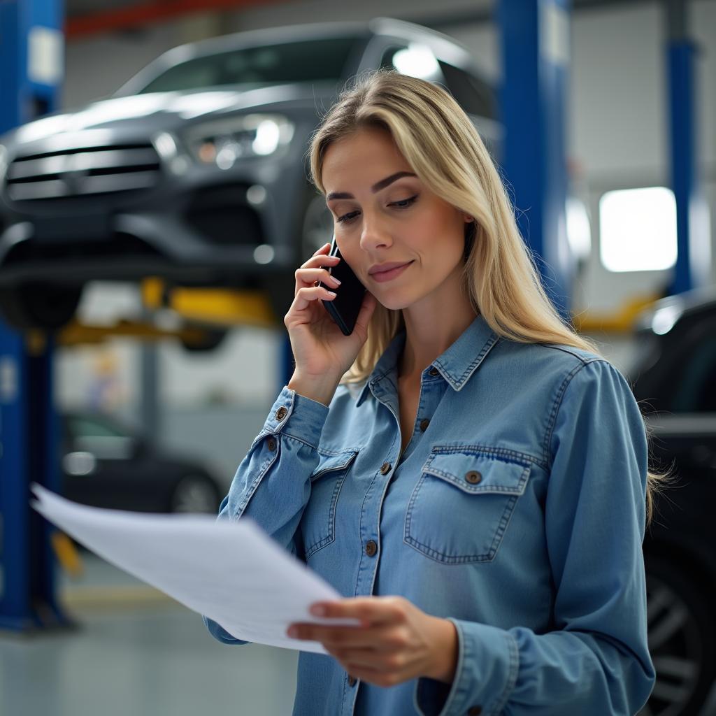 Woman Talking on Phone in Auto Shop