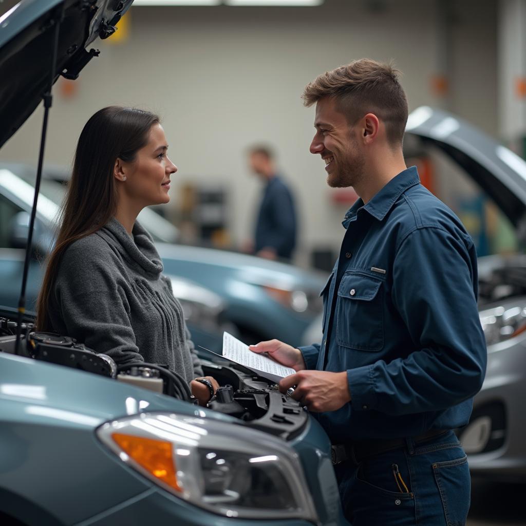 Woman discussing car repairs with a mechanic in Steenbergen