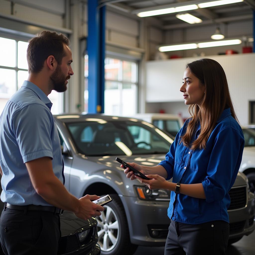 Customer Discussing Car Repair Options with Service Advisor