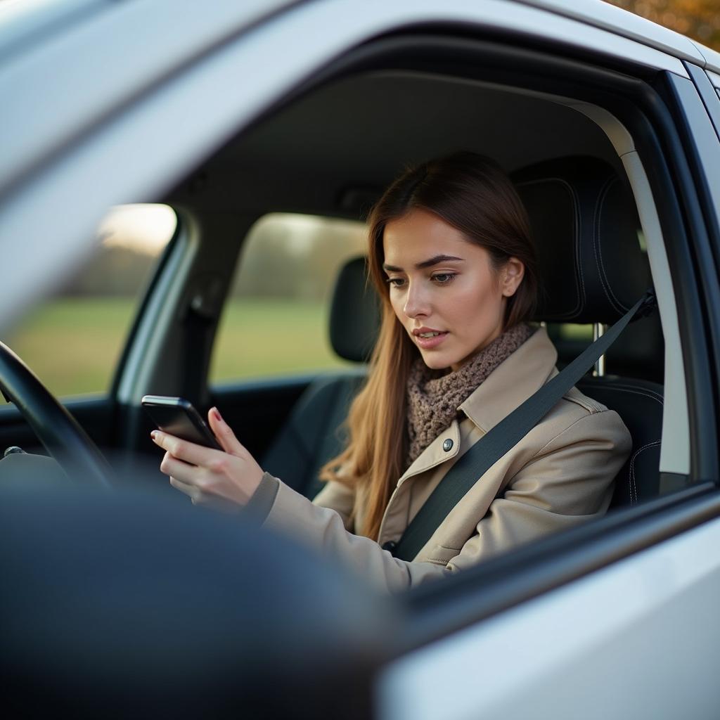 Woman using her phone to call for roadside assistance