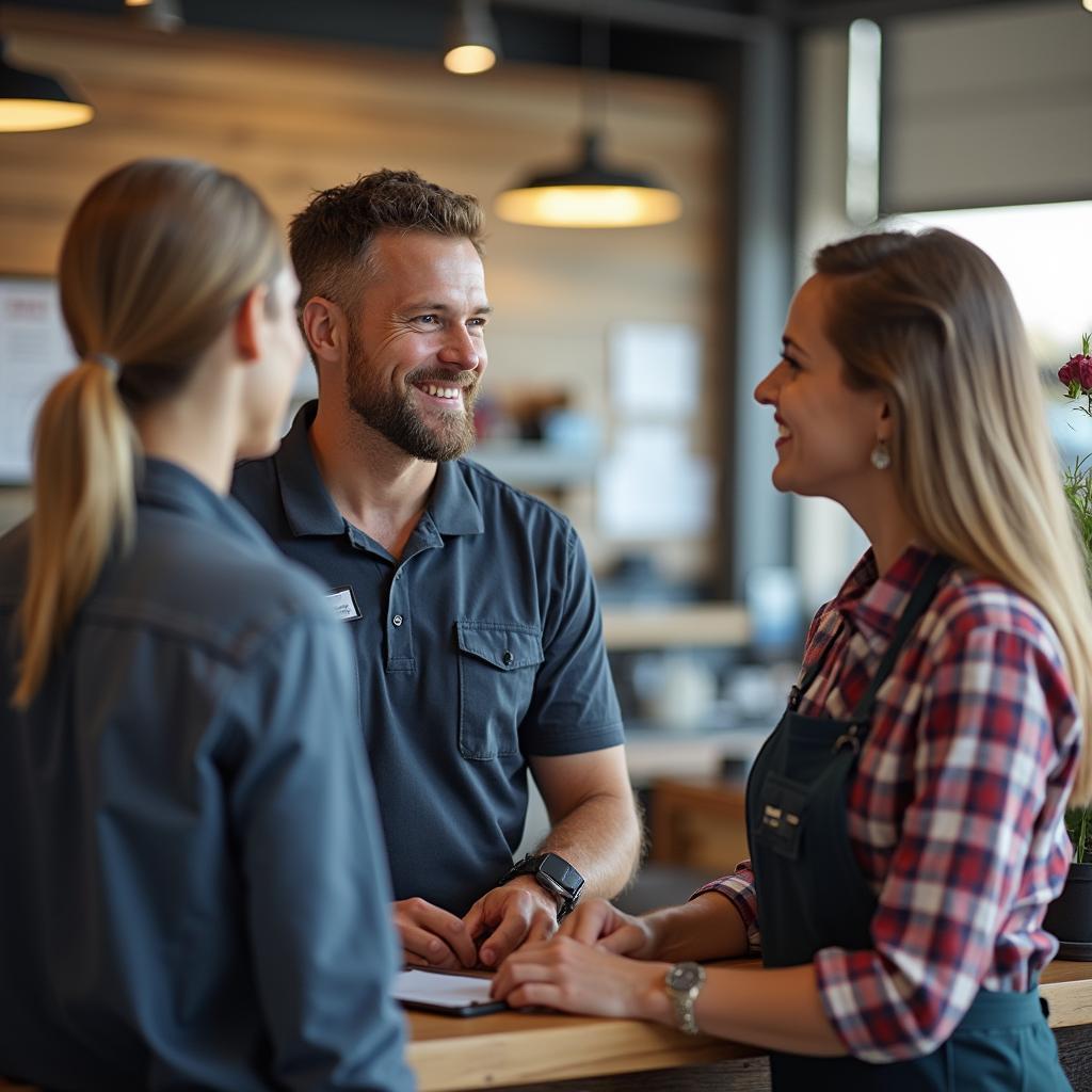 Friendly service advisor assisting a customer at the counter