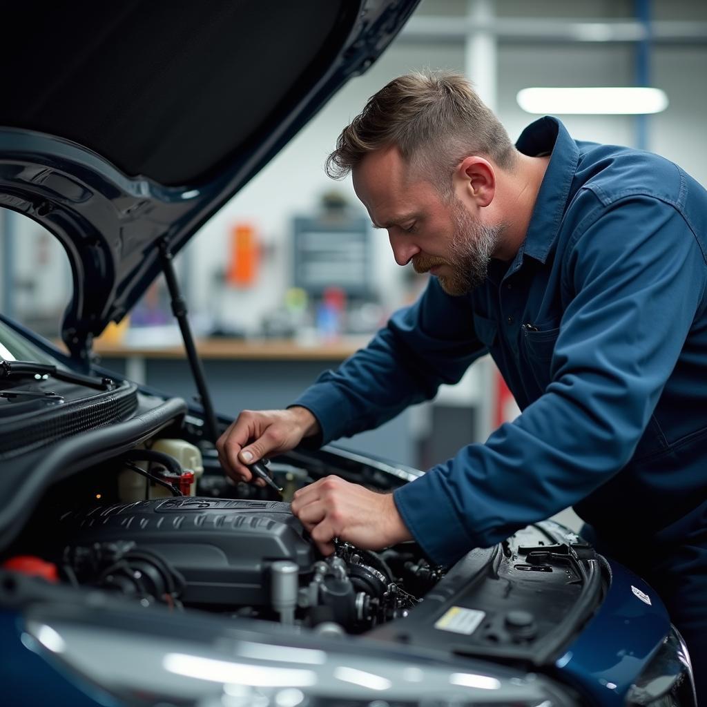 Mechanic inspecting a car engine in a Woodstock auto repair shop