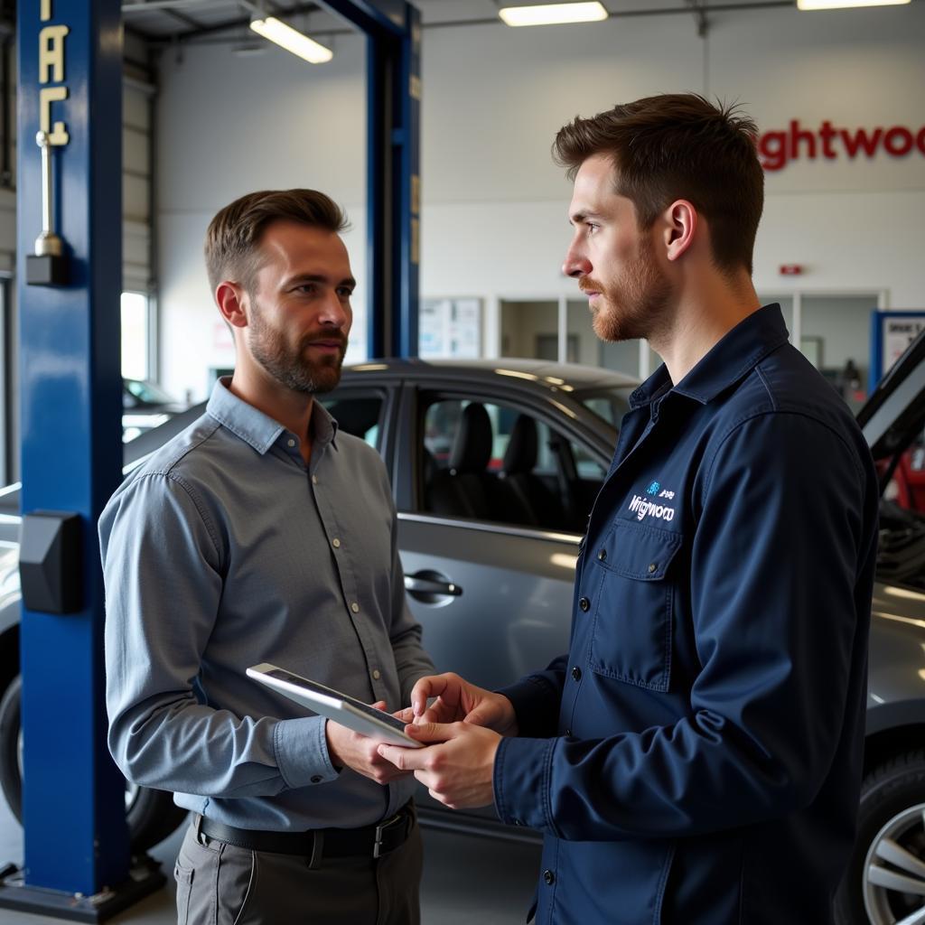 Customer Discussing Car Repair with Mechanic in Wrightwood