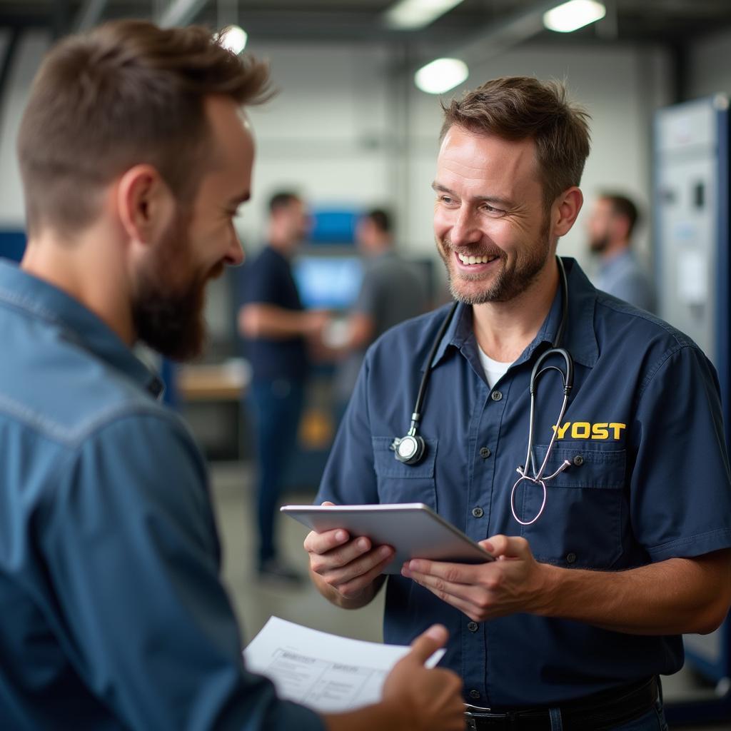 Yost auto service advisor discussing repair options with a customer