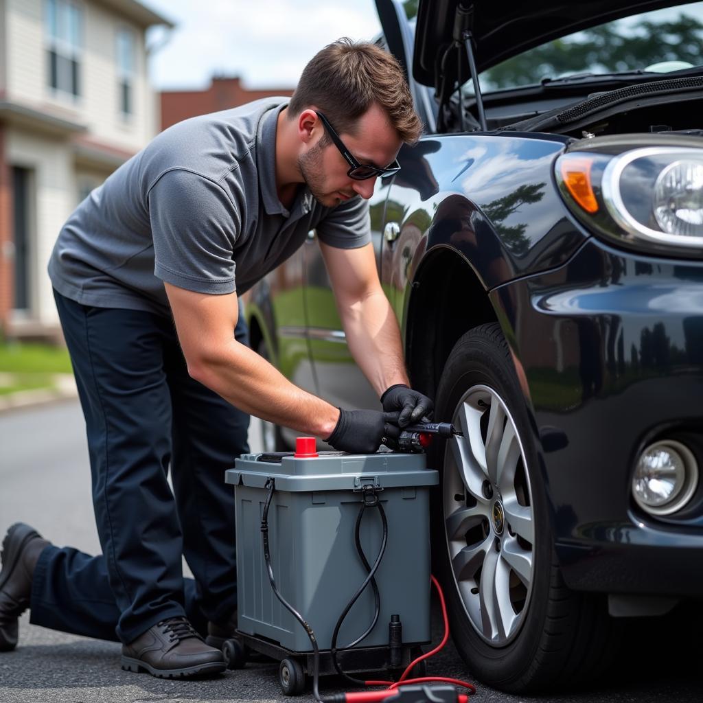 07712 Auto Road Service Technician Replacing Car Battery