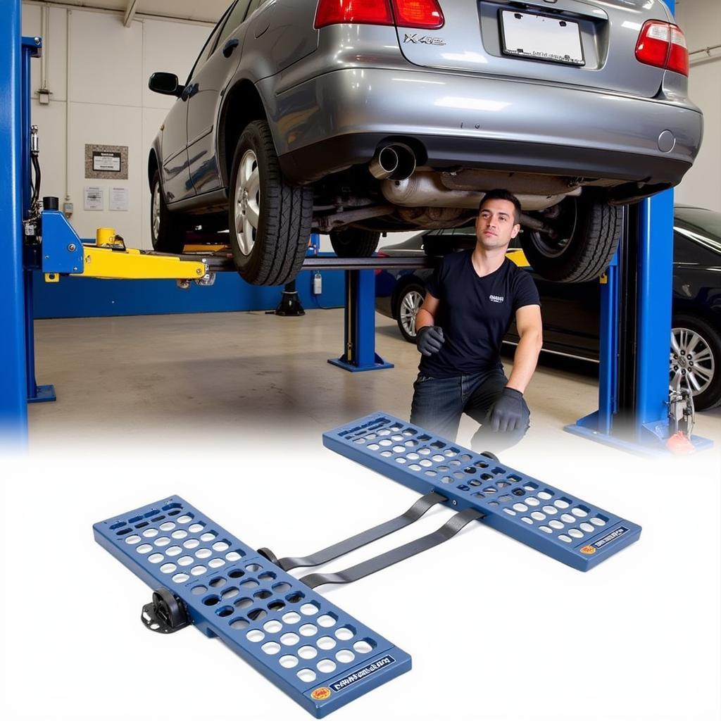 Mechanic using 2 piece auto service ramps to perform an oil change on a car