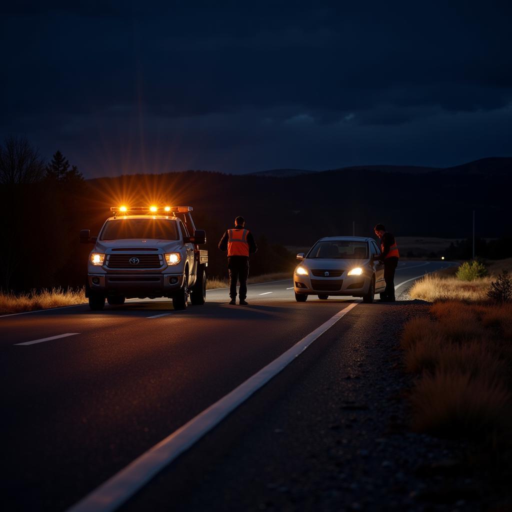 24/7 Auto Service Roadside Assistance - A technician helps a stranded motorist change a flat tire on a dark, deserted highway.