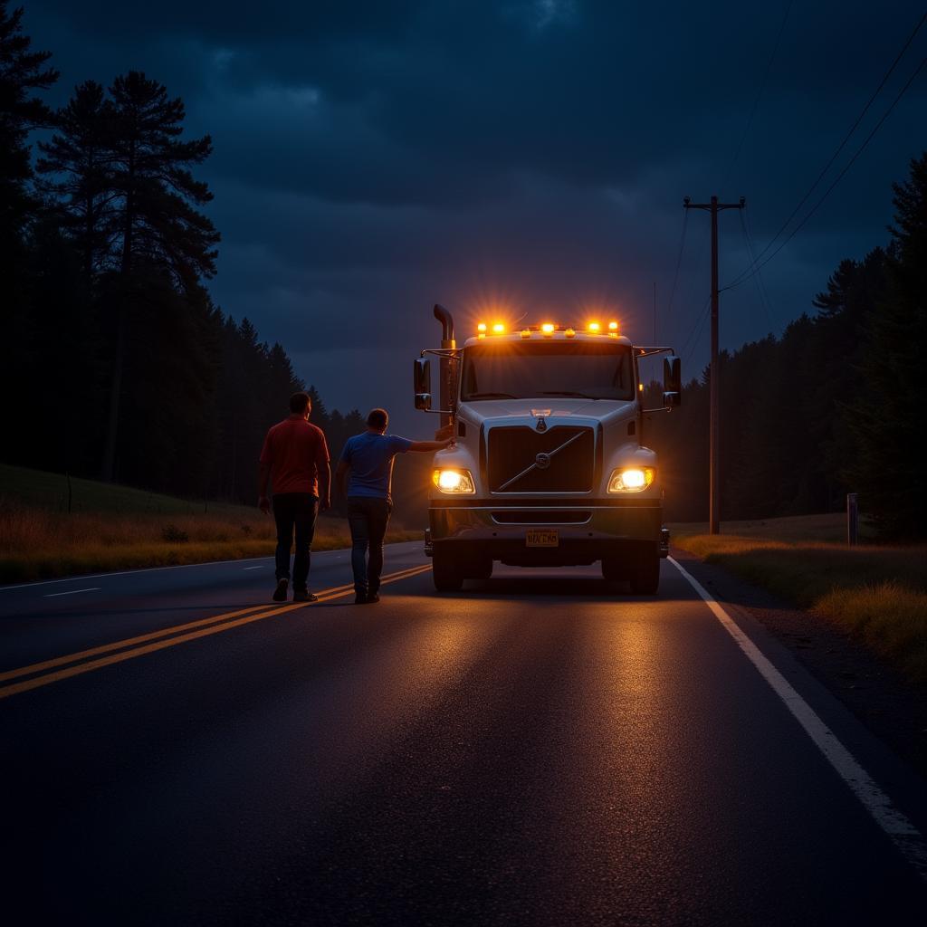 Tow truck providing roadside assistance at night