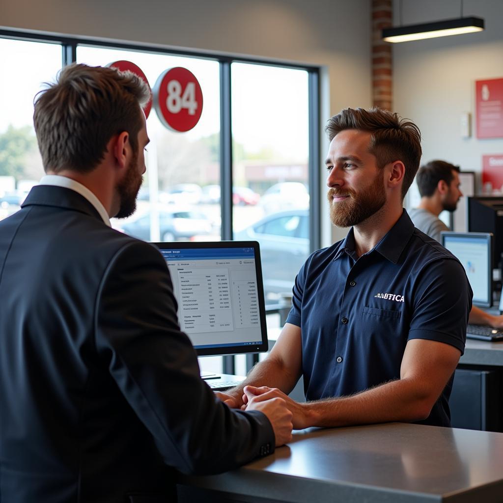 Customer discussing car repair options with a service advisor