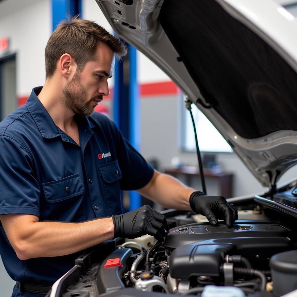 Mechanic working on a car engine at A-1 Auto Service Inc. in Quincy, FL