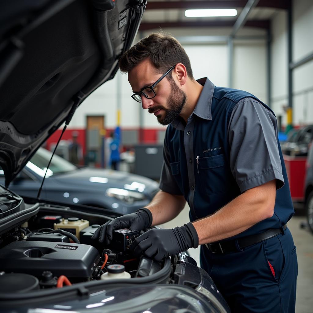 A Plus Auto Service mechanic working on a car