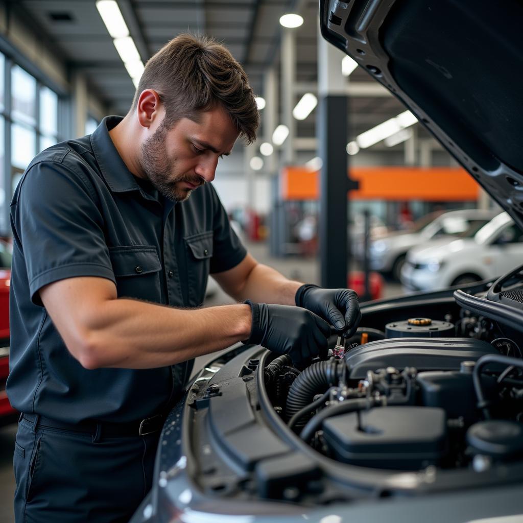 Mechanic Working on a Car at A Plus Auto Services