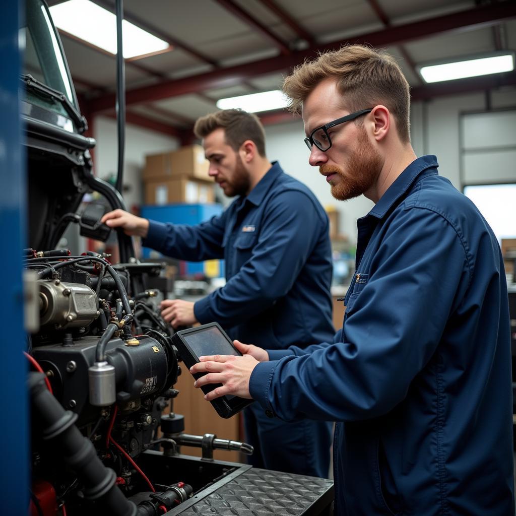 Certified Technicians Working on a Truck Engine