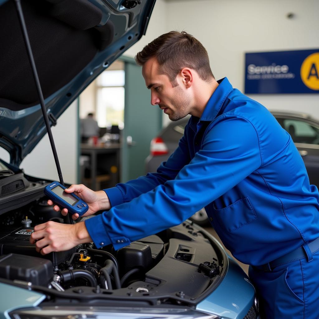 Mechanic Inspecting a Car in an AA Approved Auto Service Center