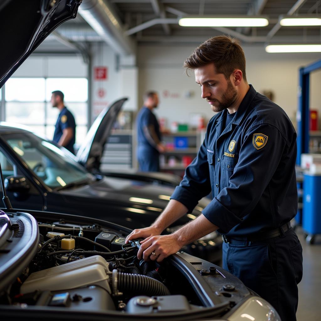 Mechanic Working on a Car at an AAA Auto Service Center