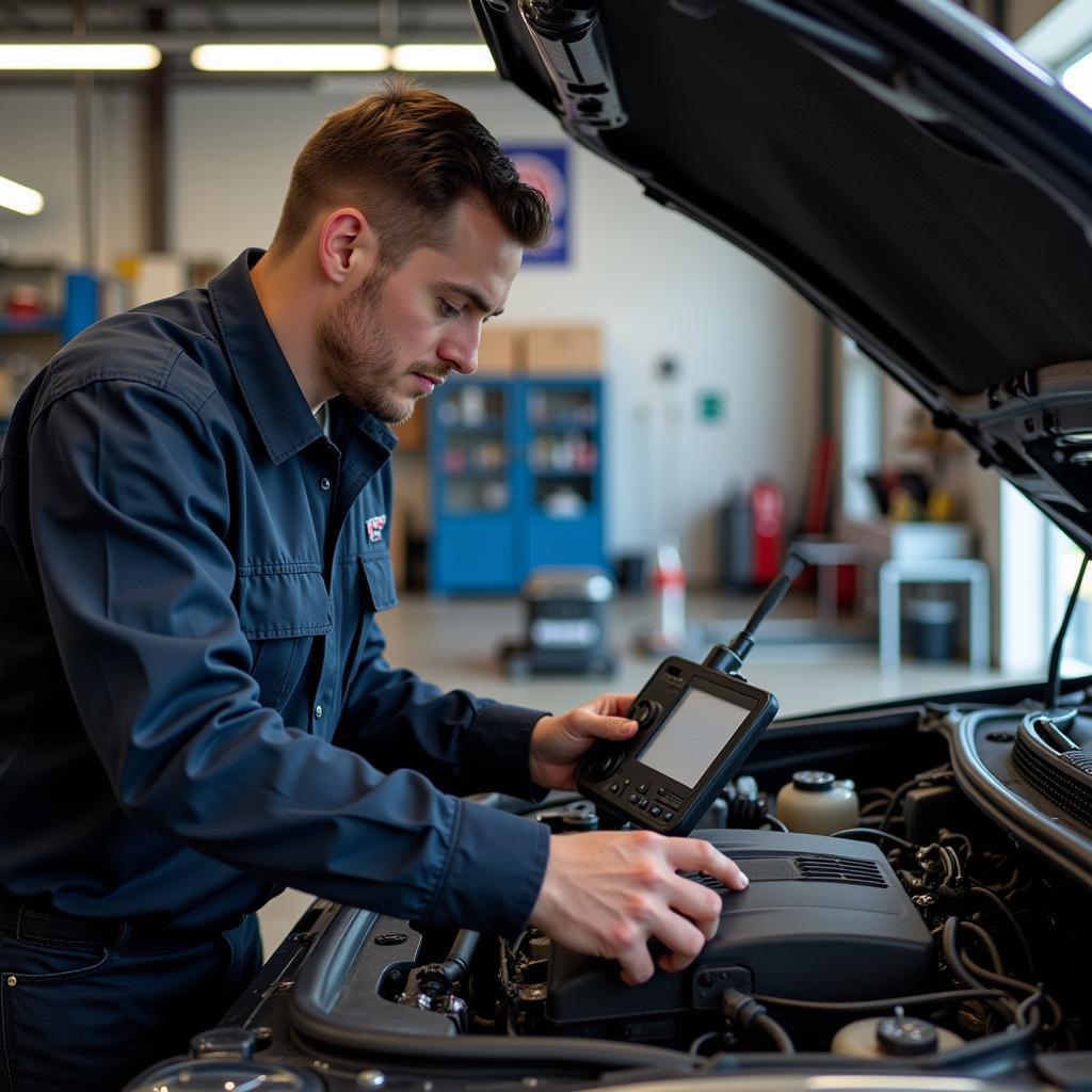 AAA Auto Service Mechanic Performing Engine Diagnostics