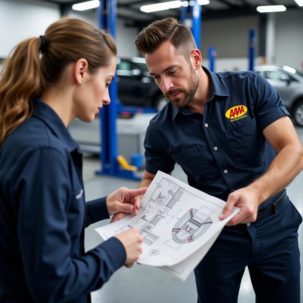 AAA Auto Service Technician Explaining Car Repair Procedure to Customer