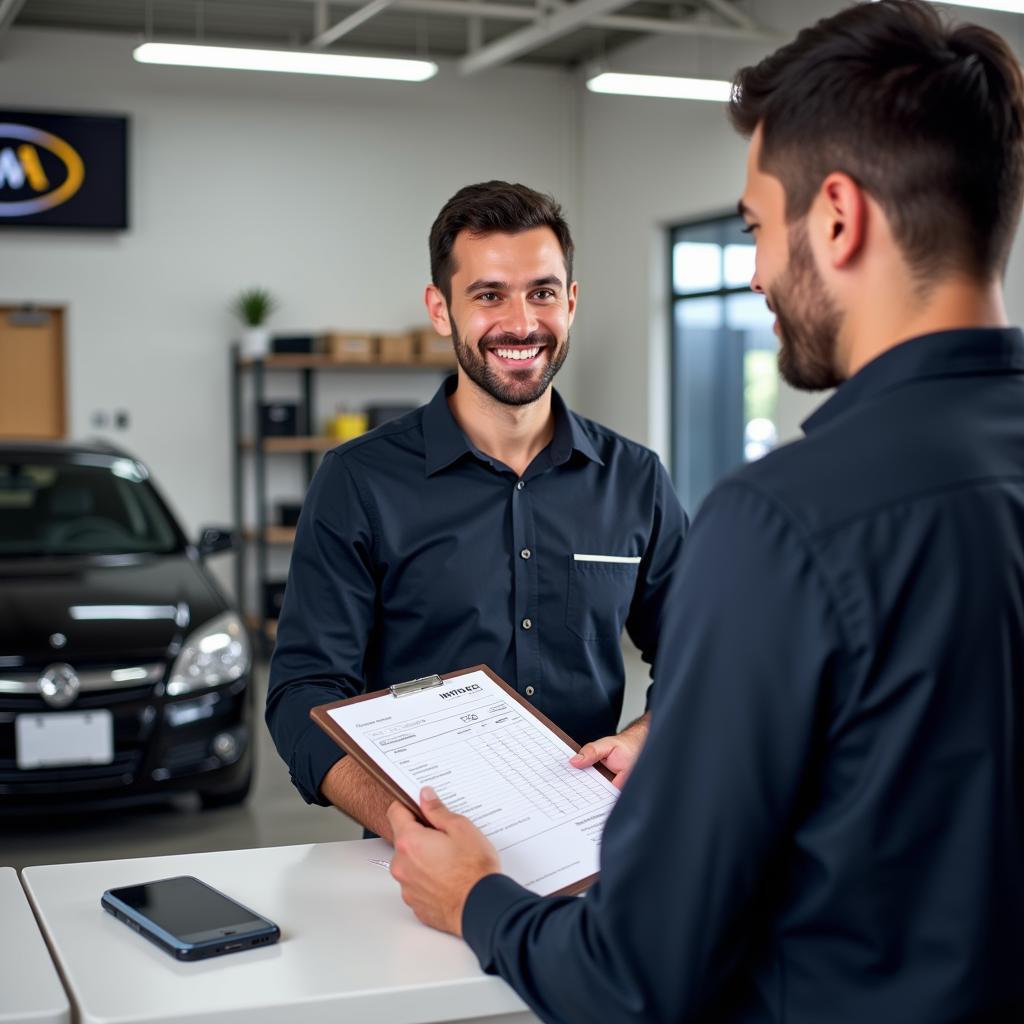 AAA Customer Reviewing Invoice at Auto Service Center