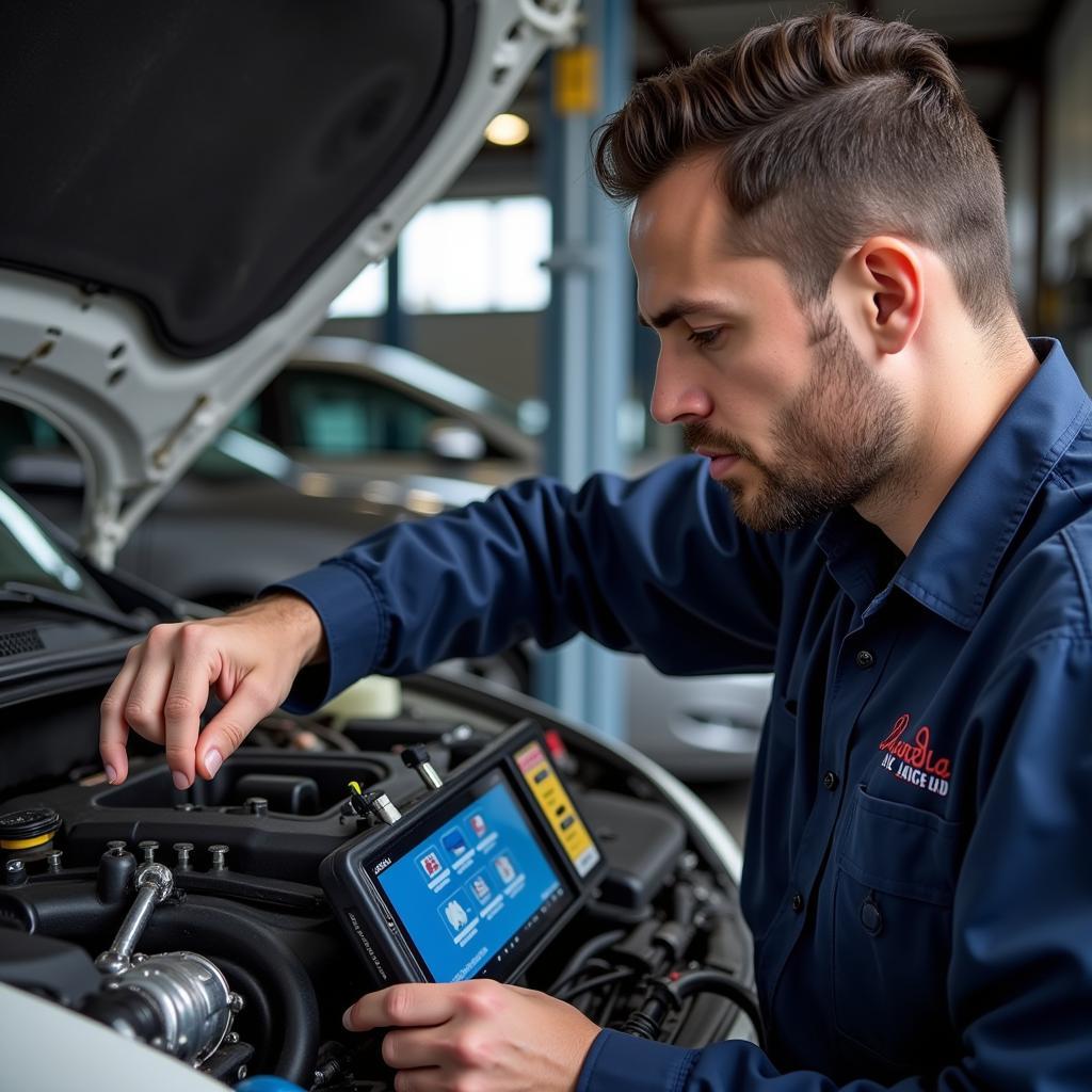 Aardla Auto Service technician working on a car engine using diagnostic tools