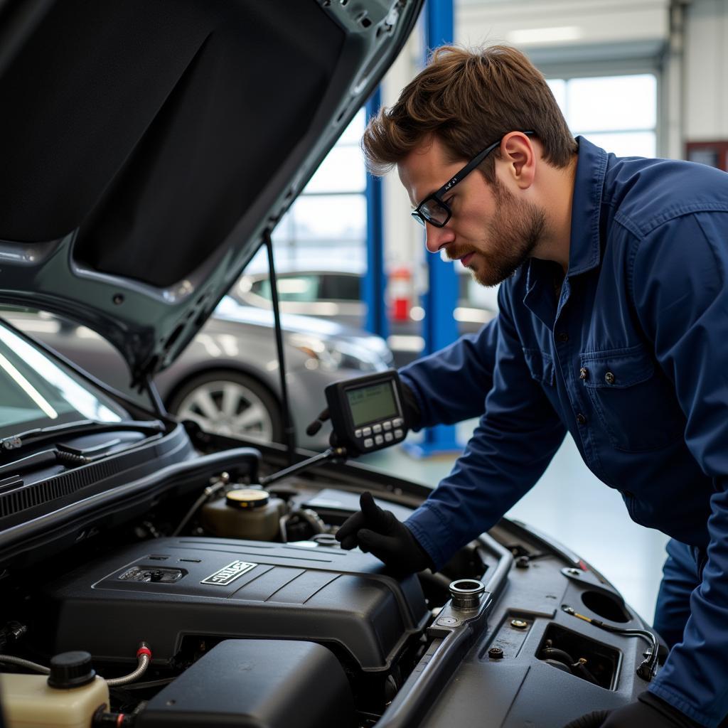 ABM Auto Service Technician performing engine diagnostics