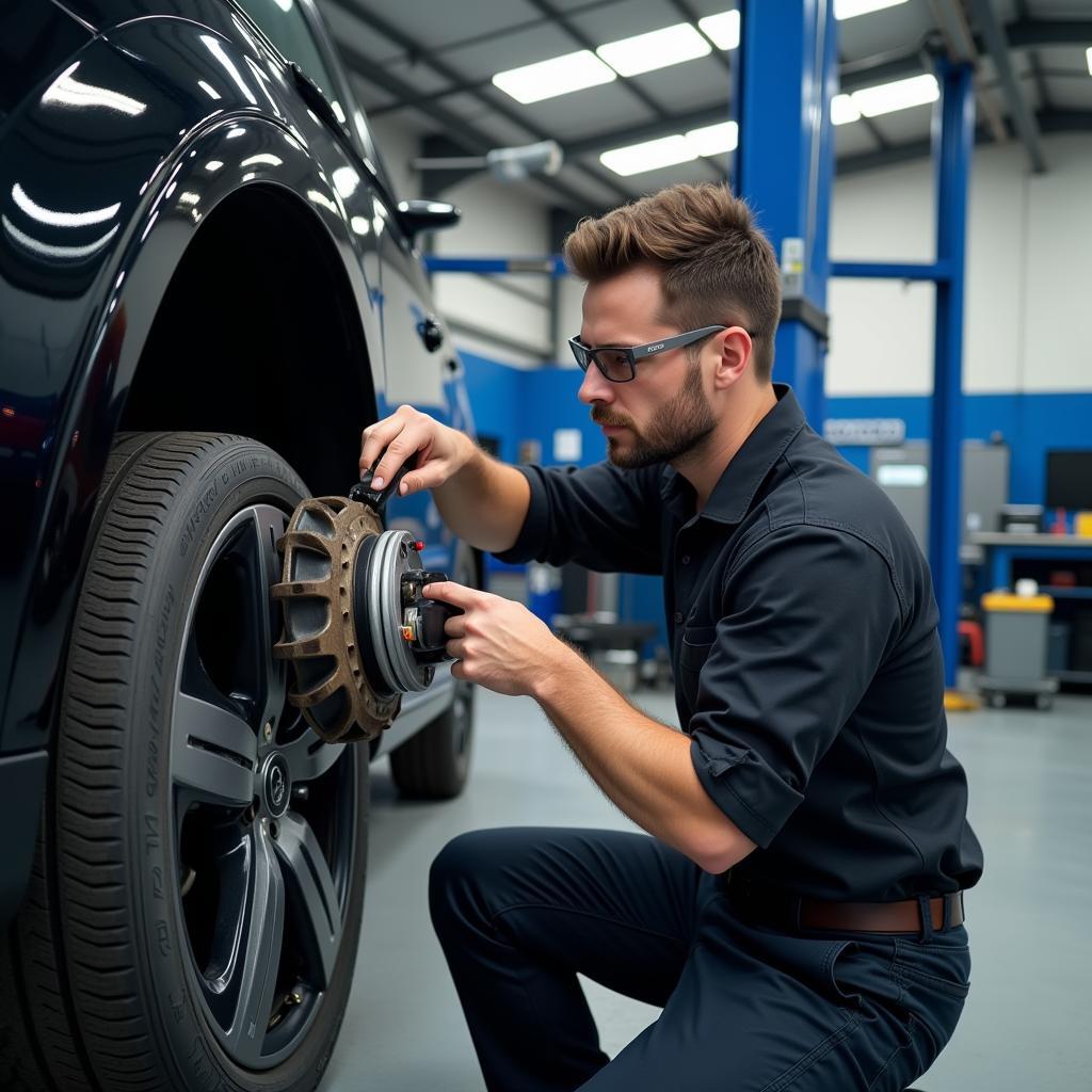 Mechanic Working on a Car's ABS System in a Well-Equipped Service Centre