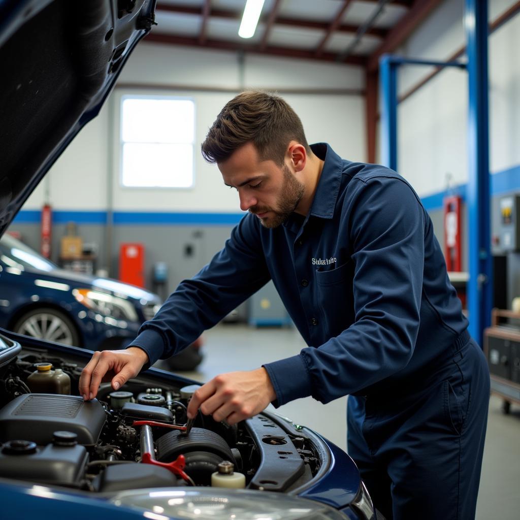 Mechanic Working on a Car in an Auto Service Center