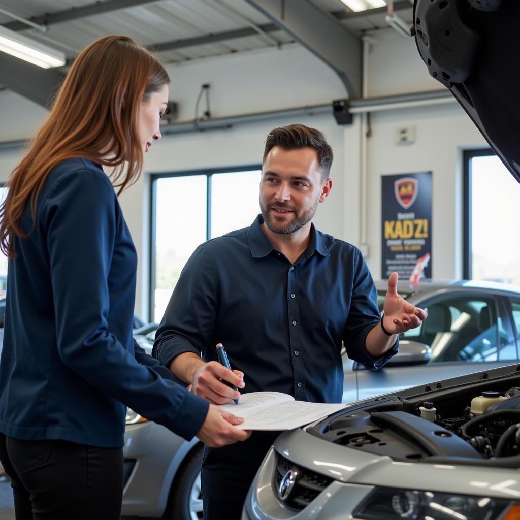 Customer Discussing Car Repair with Service Advisor