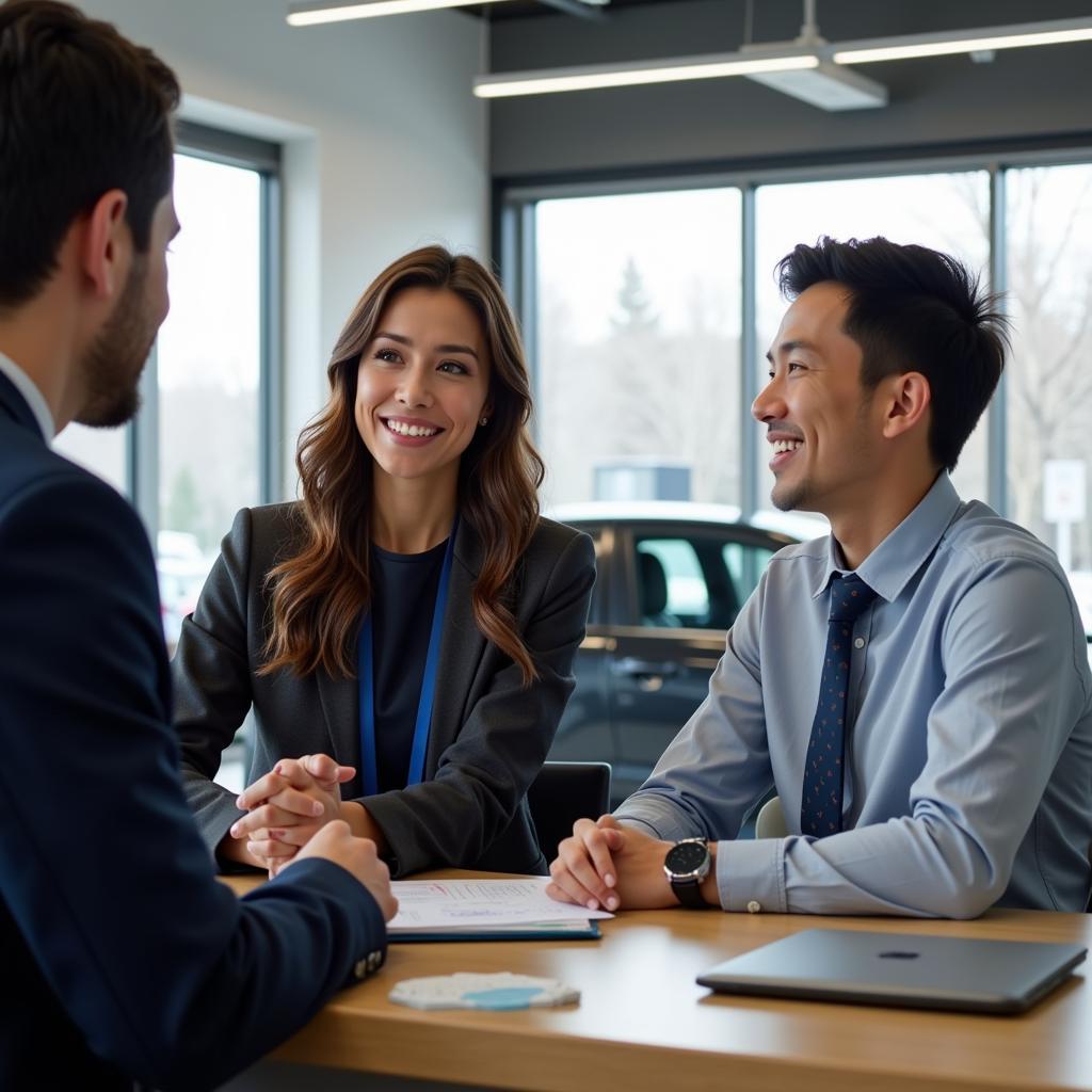 Customer discussing Acadia service with receptionist in Calgary