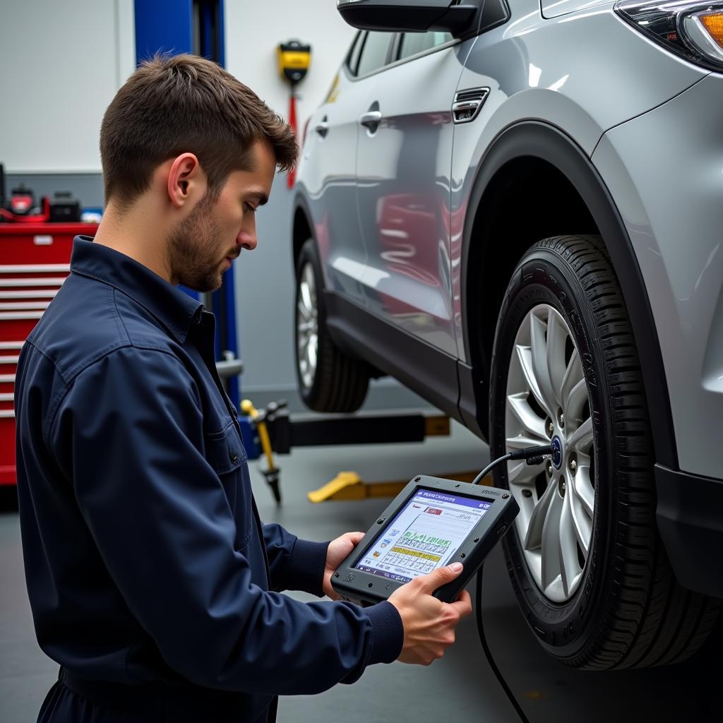 Mechanic diagnosing a car using a diagnostic tool in a clean and organized auto service shop in Carrollton, GA