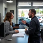 Driver explaining car problems to a service advisor at the reception desk of an auto repair shop.