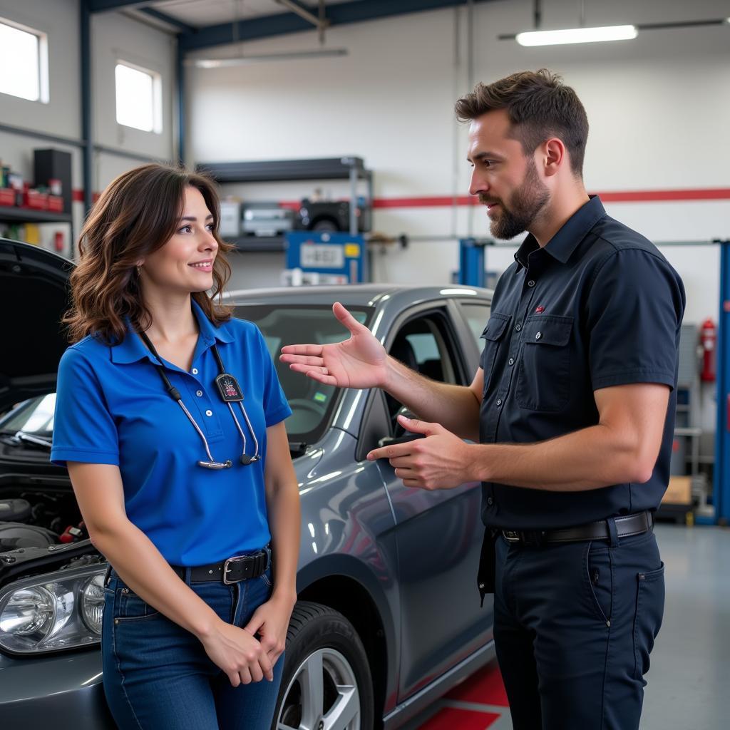 Customer service is paramount at Adam Auto Services Inc Orlando FL. This image shows a service advisor discussing repair options with a customer.