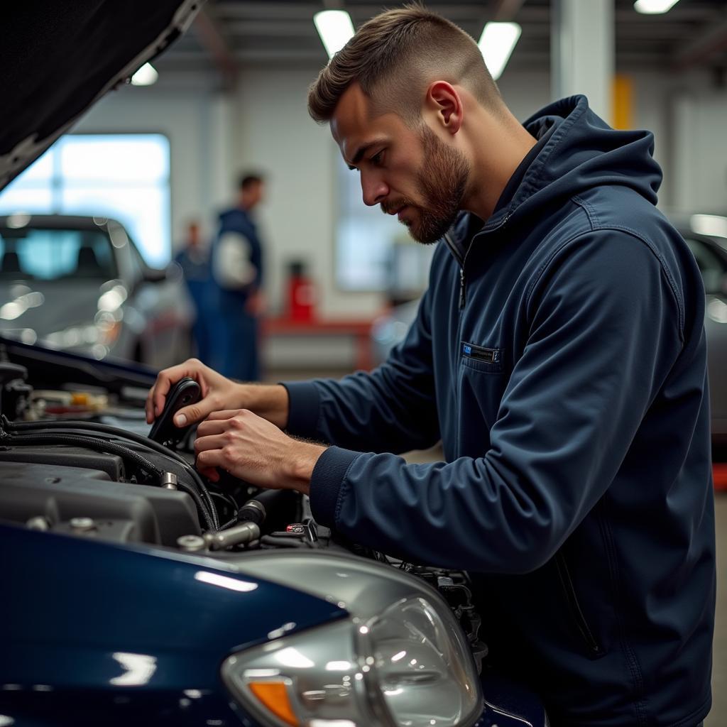 Mechanic working on a car at Adams Service Auto Repairs Quincy