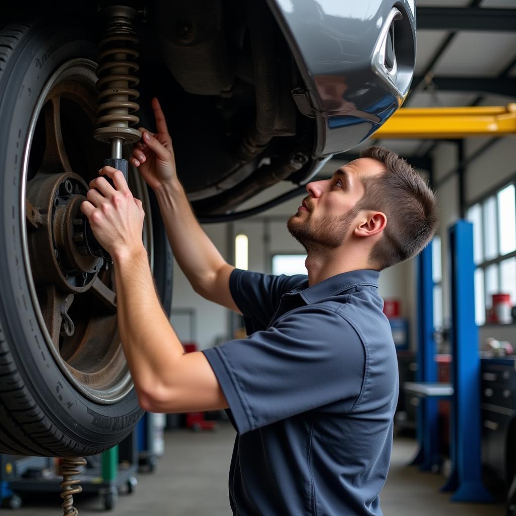 Mechanic performing suspension repair in an Adelaide auto shop